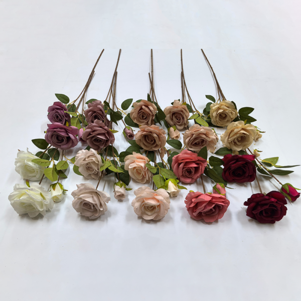 Silk Artificial Flower Rose 3 Heads Rose Single Branch