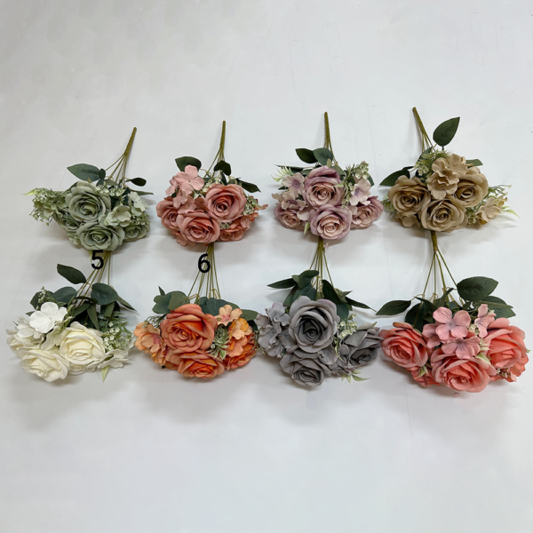 Plastic Flowers 7 Heads Rose+Hydranger Bush