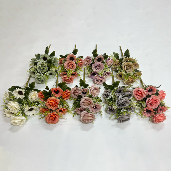Artificial Flower Stem 9 Heads Rose+Sunflower Bush