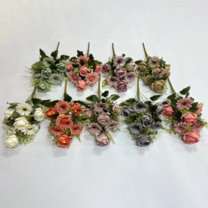 Silk Decorative Flowers 9 Heads Rose+Chrysanthemum Bush