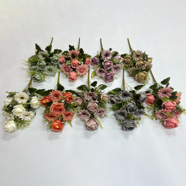 Silk Decorative Flowers 9 Heads Rose+Chrysanthemum Bush