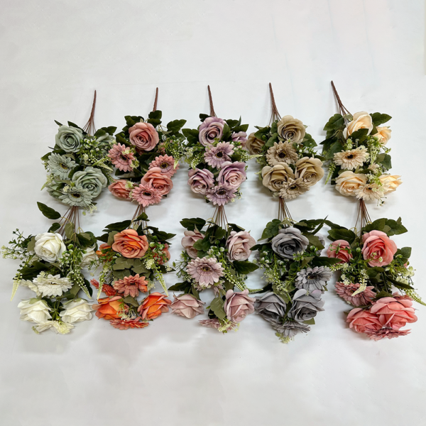 High Quality Silk Flowers 11 Heads Rose+Chrysanthemum Bush