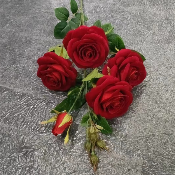 Artifical Flowers Red 5 Heads Flannel Rose Single Branch